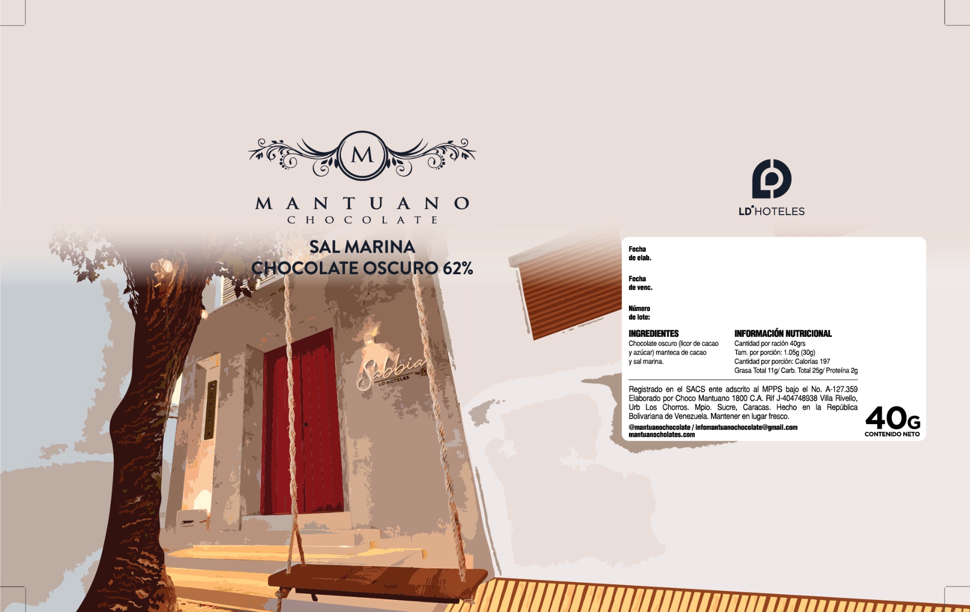 Arte plano del empaque Mantuano Chocolate Sal Marina 40g