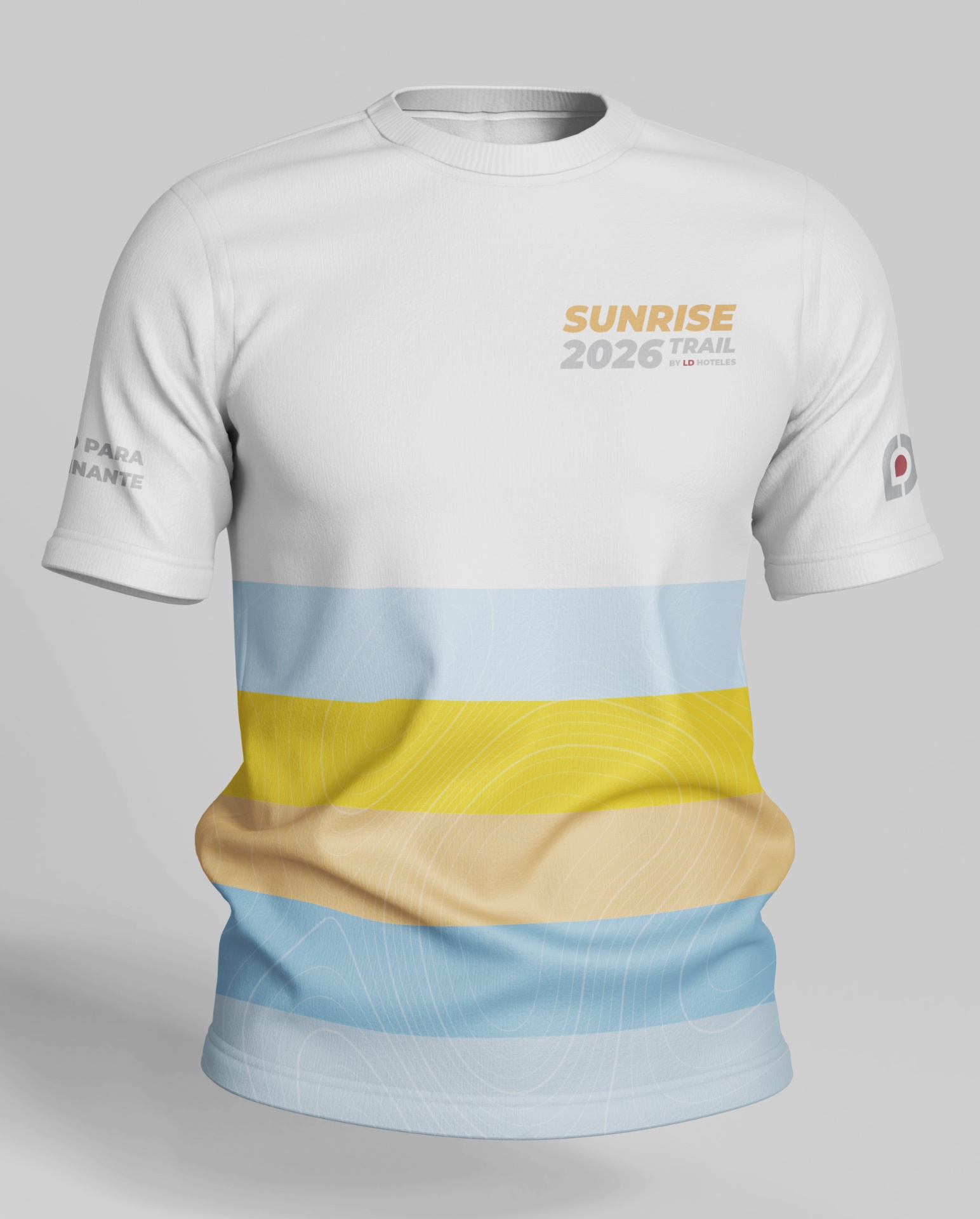 Franela alterna Sunrise 2026 Trail con franjas cielo, amarillo y arena
