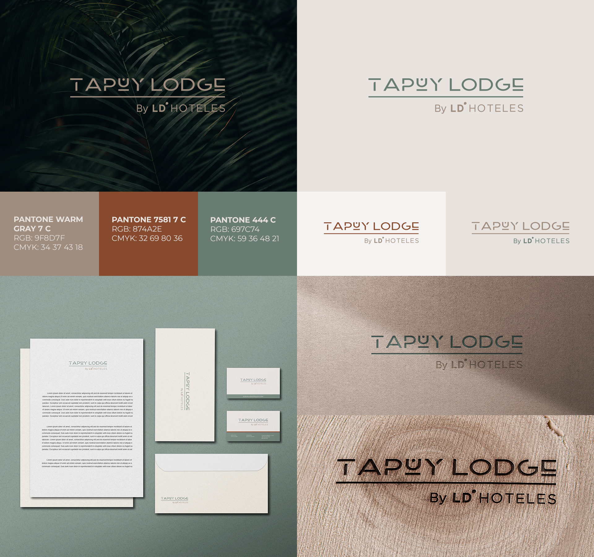 Tablero de identidad Tapuy Lodge con paleta y aplicaciones