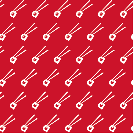 Patrón gráfico de palillos y sushi en rojo sobre blanco