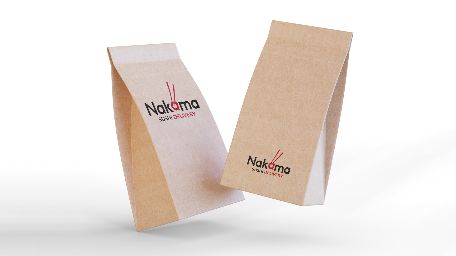 Bolsas de papel kraft con el logo de Nakama Sushi Delivery