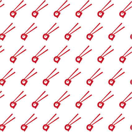 Patrón gráfico de palillos y sushi en blanco sobre rojo